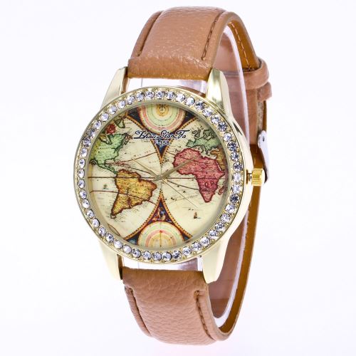OHP Montre à bracelet Strass cuir PU analogique analogique carte du monde - beige