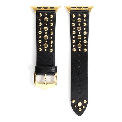 Non Communiqué Noir Bracelet En Cuir Véritable Avec Rivet Pour Apple Watch Series 6/ Se/ 5/ 4 44Mm - &Or - Image 1