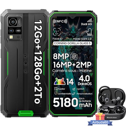 Blackview BV4800 Pro Smartphone Incassable 6,56 12Go+128Go Android 14 Dual SIM NFC Vert avec Airbuds 60