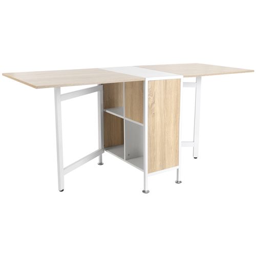 HOMCOM Table pliable de cuisine salle à manger 4 niches intégrées dim. dépliées 169L x 62l x 75H cm MDF chêne clair acier blanc