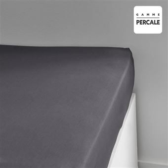 Drap housse Prestige - 140 x 200+30 cm - 2 personnes - 100% Percale de coton uni - Fusain