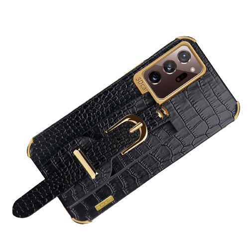 Coque pour Samsung Galaxy S22 Ultra FONGWAN Cuir à motif crocodile, avec bracelet - noir