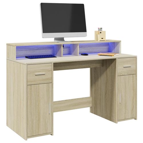 Bureau avec lumières LED chêne sonoma bois d ingénierie