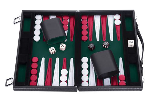 Backgammon de Voyage 11 28 cm dans Une Valise, feutres et Simili Cuir surpiqués Vert Rouge Blanc