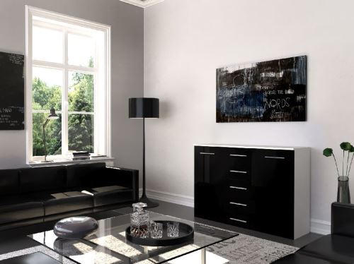 HOMEMANIA Commode Athens - Meuble Murale - avec Étagères, Tiroirs, Portes - pour Entrée, Salon, Chambre - Blanc Opaque, Noir Brillant en Bois, 150 x 40 x 103 cm