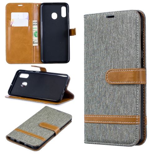 Etui en PU jean bicolore en tissu flip gris pour votre Samsung Galaxy A20/A30
