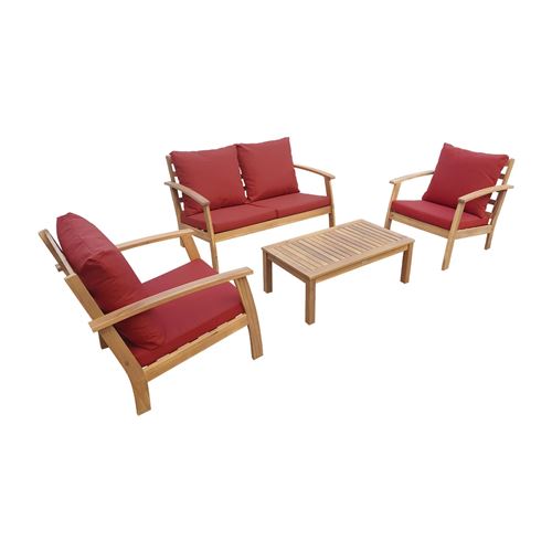 Salon de jardin en bois 4 places - Ushuaïa - Coussins terracotta canapé fauteuils et table basse en acacia design
