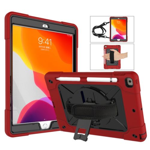 Coque en TPU + Silicone avec béquille pivotante à 360 ° et sangle couche externe rouge/noir pour votre Apple iPad 10.2 (2019)