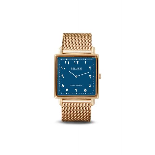 Montre Femme Selvine Cadran 28 mm En Alliage Bleu Emeraude Et Bracelet Doré En Maille Milanaise SARA2