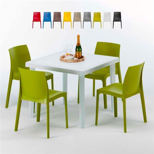 Table Carrée Blanche 90x90cm Avec 4 Chaises Colorées Grand Soleil Set Extérieur Bar Café ROME LOVE, Couleur: Anis vert