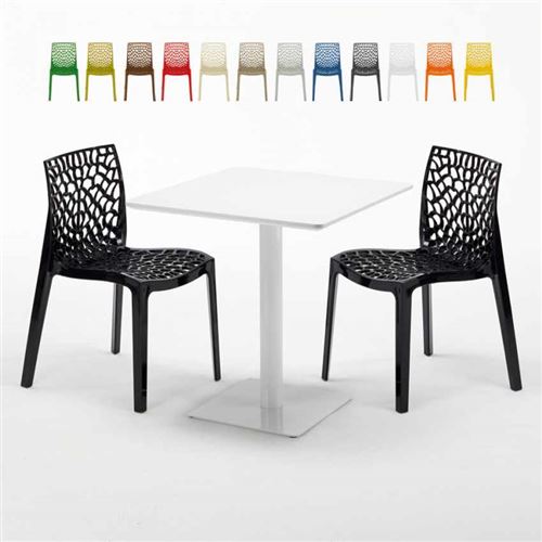 Table carrée 70x70 blanche avec 2 chaises colorées Gruvyer Meringue, Couleur: Noir