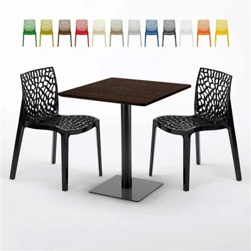 Table carrée 70x70 plateau effet bois avec 2 chaises colorées Gruvyer Melon, Couleur: Noir