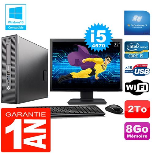 Pc hp elitedesk 800 g1 sff core i5-4570 8go disque 2 to wifi w7 ecran 22'