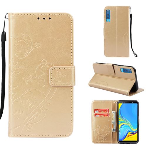 Etui en PU papillon floral or pour votre Samsung Galaxy A7 (2018)