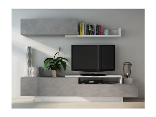 Mur TV MONTY avec rangements - Coloris : Béton & blanc