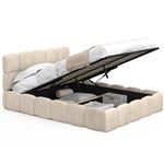Lit coffre double NUAGE avec tête de lit matelassée et sommier 140 x 190 cm velours beige