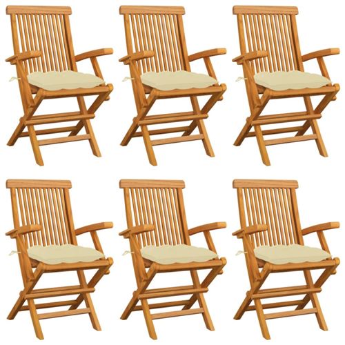 vidaXL Chaises de jardin avec coussins blanc crème 6 pcs Teck massif