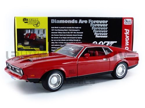 Voiture Miniature de Collection AUTO WORLD 1-18 - FORD Mustang Mach 1 - 1971 - James Bond - Red - AWSS126