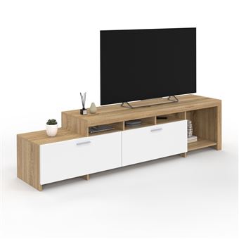 Meuble TV  180 cm MALO  bois et placards blancs - 1