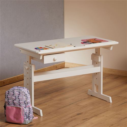 IDIMEX Bureau enfant FLEXI table à dessin réglable en hauteur et pupitre  inclinable avec 1 tiroir, en pin massif vernis naturel et gris pas cher 