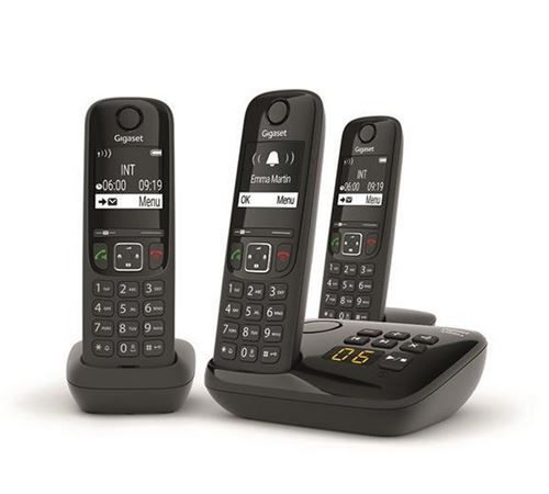 Gigaset AS690A Trio - Téléphone sans fil - système de répondeur avec ID d'appelant - ECO DECTGAP - noir + 2 combinés supplémentaires