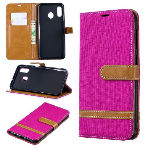 Etui en PU jean bicolore en tissu flip rose pour votre Samsung Galaxy A20/A30