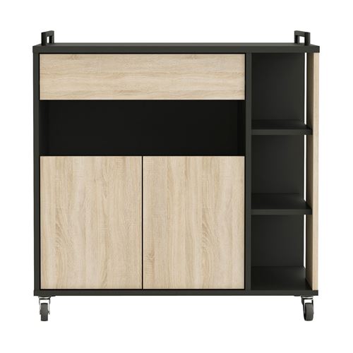 INDUS Desserte micro-ondes - 2 portes/4 niches/1 tablette - Chene et noir - L 78,4 x P 39,6 x H 79 cm