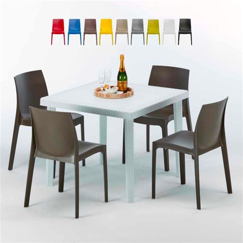 Table Carrée Blanche 90x90cm Avec 4 Chaises Colorées Grand Soleil Set Extérieur Bar Café ROME LOVE, Couleur: Marron