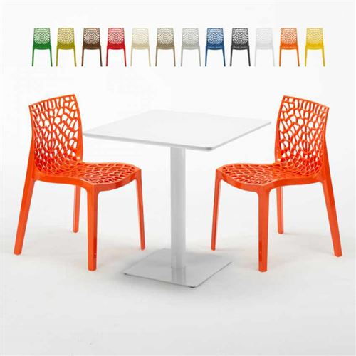 Table carrée 70x70 blanche avec 2 chaises colorées Gruvyer Meringue, Couleur: Orange