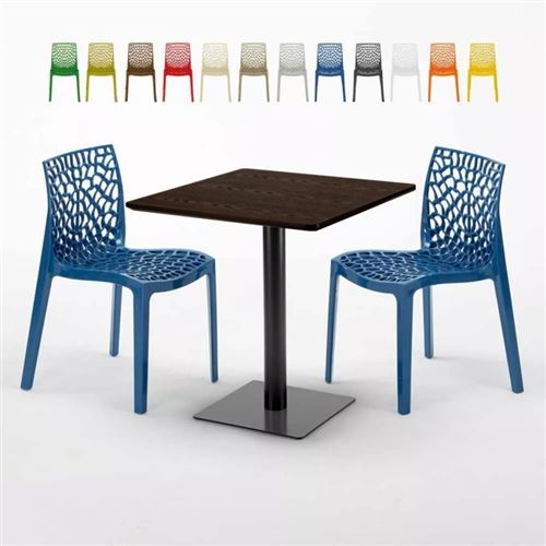 Table carrée 70x70 plateau effet bois avec 2 chaises colorées Gruvyer Melon, Couleur: Bleu