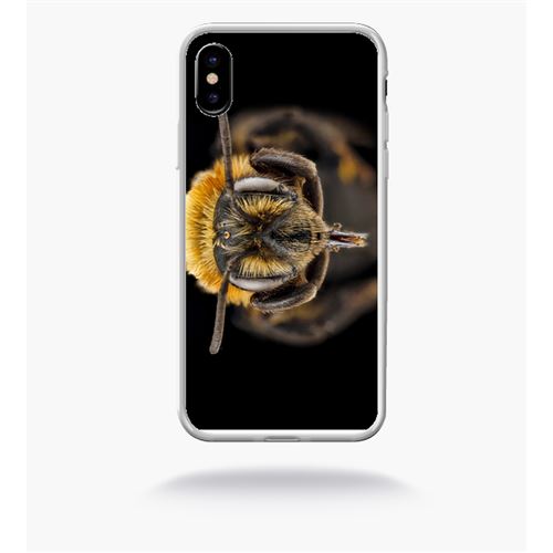 Coque macro tete d'abeille sur fond noir compatible apple iphone x bord transparent