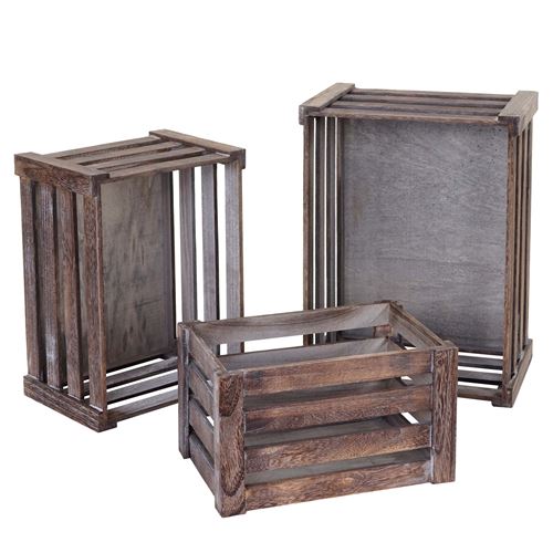 Set de 3 paniers en bois MENDLER HWC-C56 brun shabby