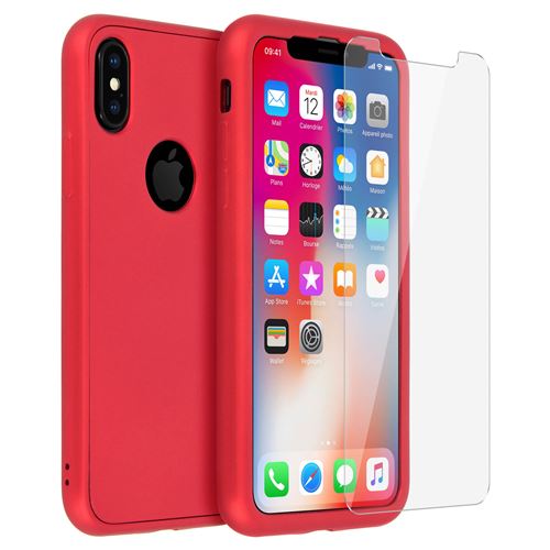 Coque IPhone X intégrale silicone rouge 360° + verre trempé