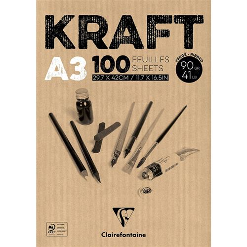 Bloc coll&eacute; de 100 feuilles A3 Clairefontaine Kraft Brun