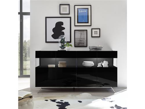 SUBLEEM Buffet 4 portes Enna noir laqué brillant