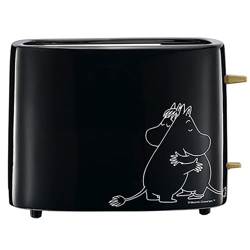 Grille-pain fait main en céramique avec design Moomin en blanc et détails en acier et bois. Avec cordon et fiche noirs.