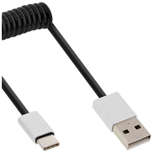 Câble spiralé InLine® USB 2.0, fiche type C à fiche A, noir / alu, flexible, 0,5 m