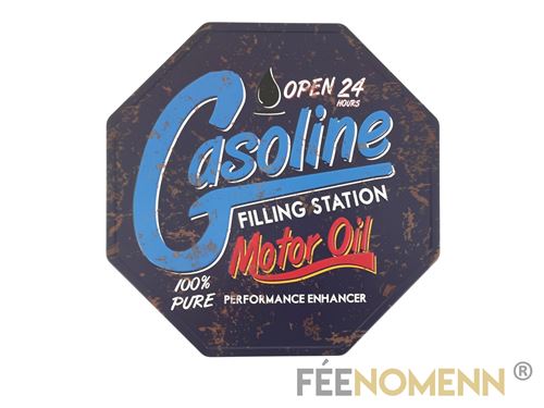 plaque métal déco vintage - octogone - station essence gasoline open 24h (30x30cm)