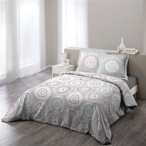 Parure 3 p. 240 x 220 cm imprime 57 fils allover disco Rose/Menthe