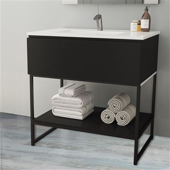 Meuble Salle De Bain Noir 80 Cm 1 Tiroir Vasque Ceramique Metal Installations Salles De Bain Achat Prix Fnac