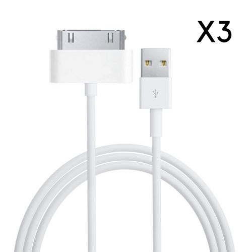 Lot 3 Cables USB Chargeur Blanc pour Apple iPad 1 / 2 / 3 - Cable Port USB Data Chargeur Synchronisation Transfert Donnees Mesure 1 Metre Phonillico®