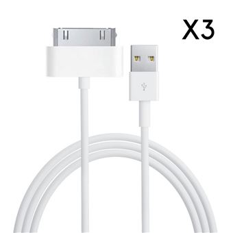 Lot 3 Cables USB Chargeur Blanc pour Apple iPad 1 / 2 / 3 - Cable Port USB Data Chargeur Synchronisation Transfert Donnees Mesure 1 Metre Phonillico® - 1