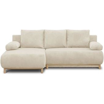Canapé d’angle convertible Mika gauche 3 places beige velours côtelé coffre 130x210 cm - 1