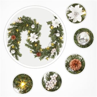 Couronne De Noël Artificielle 3m Avec LED - Feuilles Blanches, Baies, Pommes De Pin, Décor Festif - 5