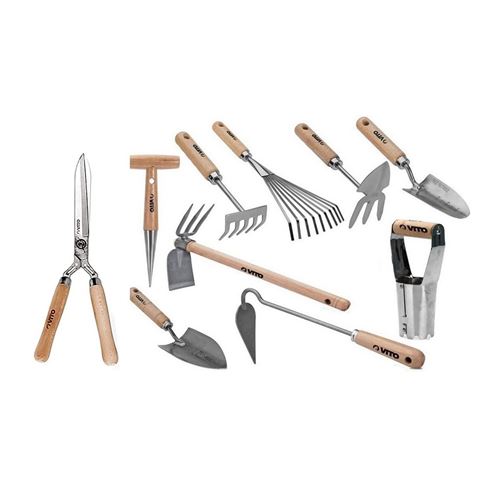 Kit 10 outils de jardin VITO Manche bois Inox et Fer forgés à la main haute qualité traditionnelle