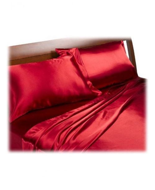 rouge satin Double Housse de couette, drap housse et 4 couettes Ensemble de literie