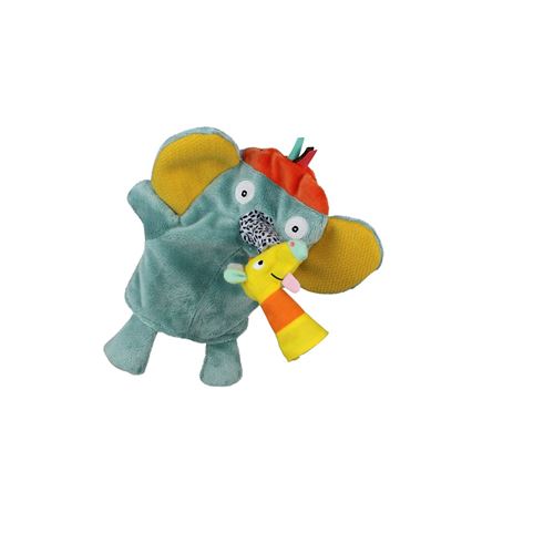 EBULOBO Marionnette Éléphant et ses 2 marionnettes de doigts à velcro dans la trompe Bleu