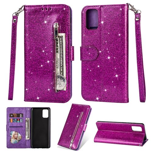 Etui en PU glitter poudre zippé avec support et sangle violet pour votre Samsung Galaxy A41 (Global Version)