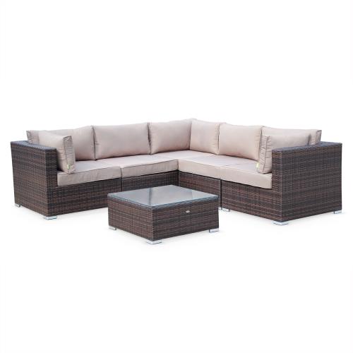 Salon de jardin en résine tressée - Napoli - Chocolat Coussins Marron - 5 places - 2 fauteuils sans accoudoir 3 fauteuils d'angle une table basse