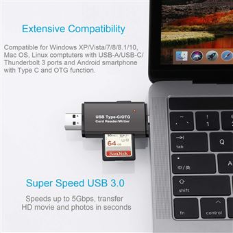 Lecteur de carte SD USB 3.0, lecteur de carte mémoire de type USB,  adaptateur OTG pour carte SDXC, SDHC, SD, MMC, RS-MMC, Micro SDXC, Micro  SD, Micro SDHC 